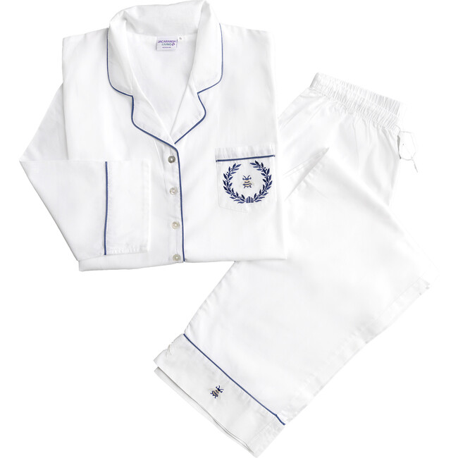 Lizzie Cotton Embroidered Pajamas, White/Navy - Pajamas - 4