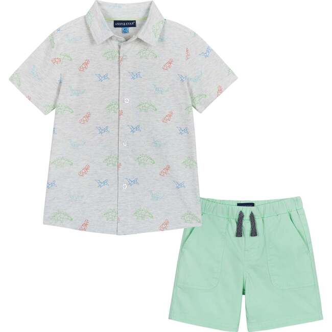 Fun Print Knit Button-Up Shirt And Short Set, Grey And Green