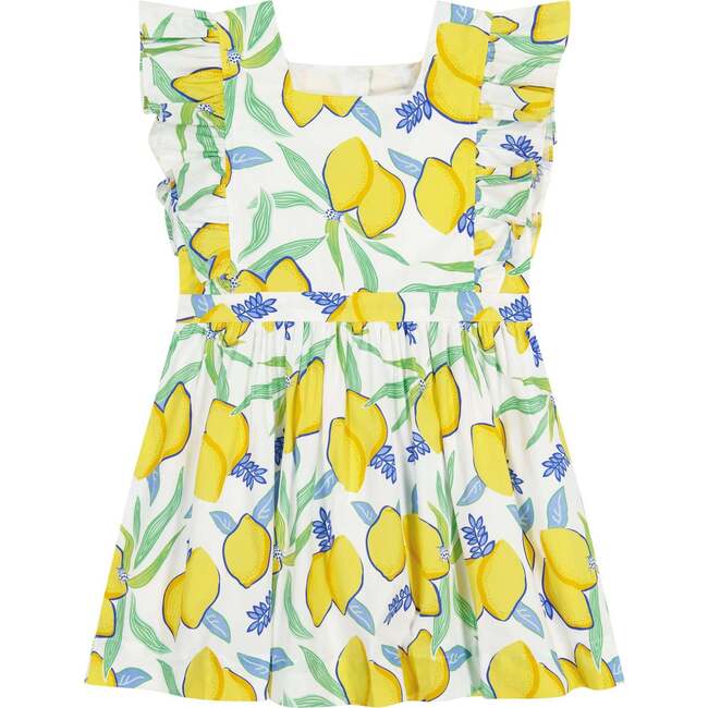 Print Square Neck Ruffle Sleeve Pinny Dress, Lemon