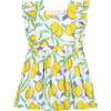 Print Square Neck Ruffle Sleeve Pinny Dress, Lemon - Dresses - 1 - thumbnail