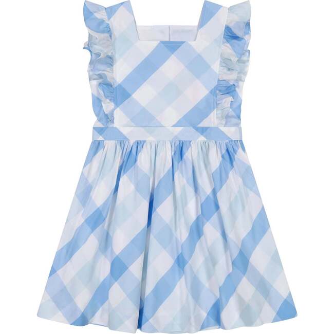 Gingham Square Neck Ruffle Sleeve Pinny Dress, Ice Water - Dresses - 1