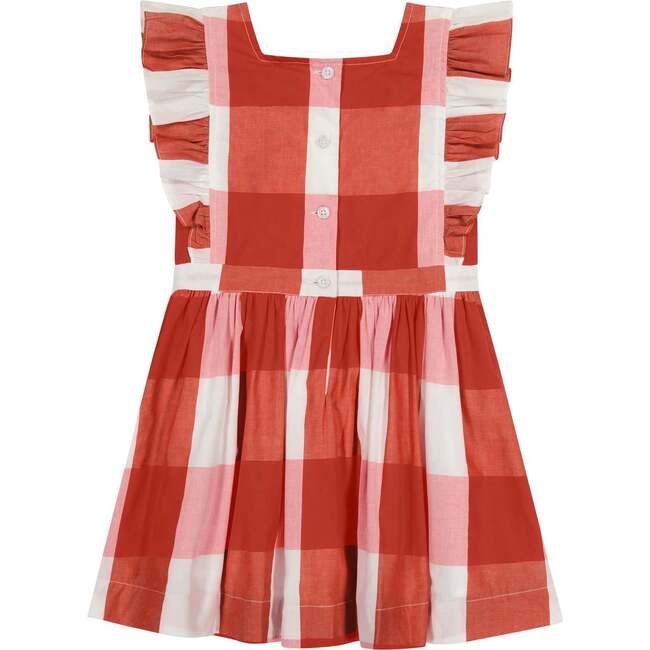 Plaid Square Neck Ruffle Sleeve Pinny Dress, Red Buffalo - Dresses - 3