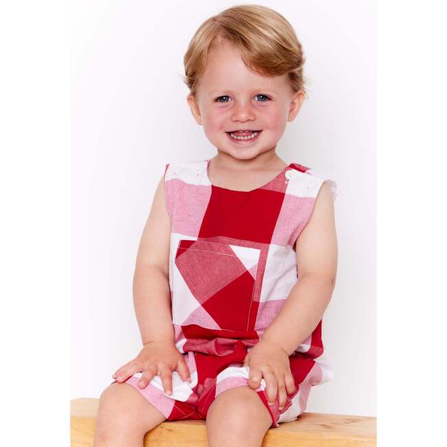 Plaid Sleeveless Buttoned Shoulder Jon Jon, Red Buffalo - Rompers - 2