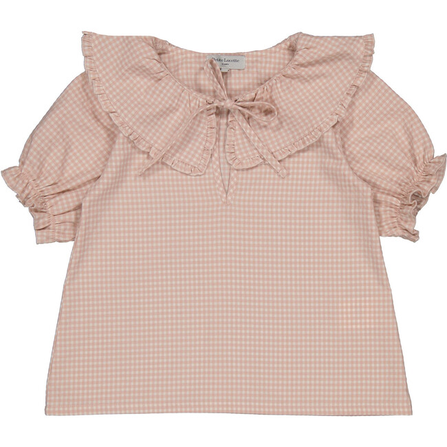 Anael Over-Size Ruffled Collar Blouse, Peach Gingham - Blouses - 1