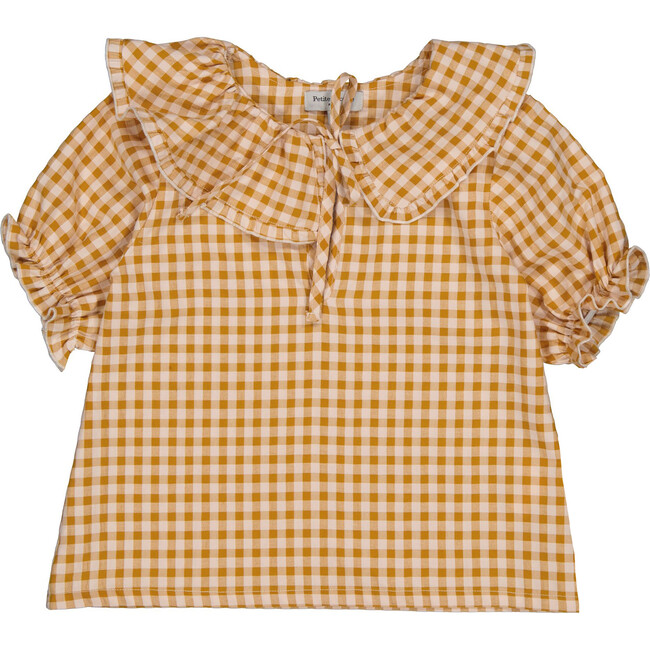 Anael Over-Size Ruffled Collar Blouse, Caramel Gingham - Blouses - 1