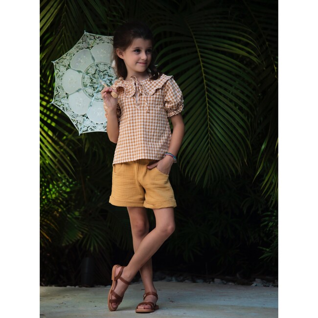 Anael Over-Size Ruffled Collar Blouse, Caramel Gingham - Blouses - 2