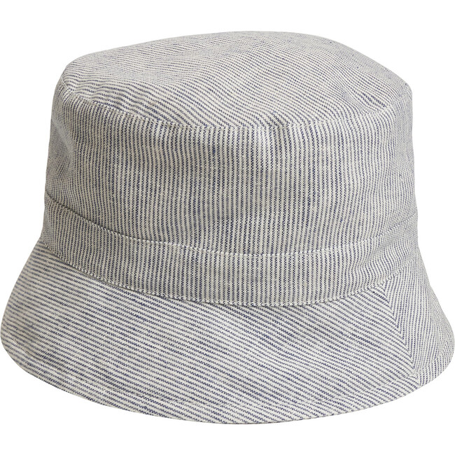 Bucket Hat In Linen And Cotton Mix, Mini Stripes Navy