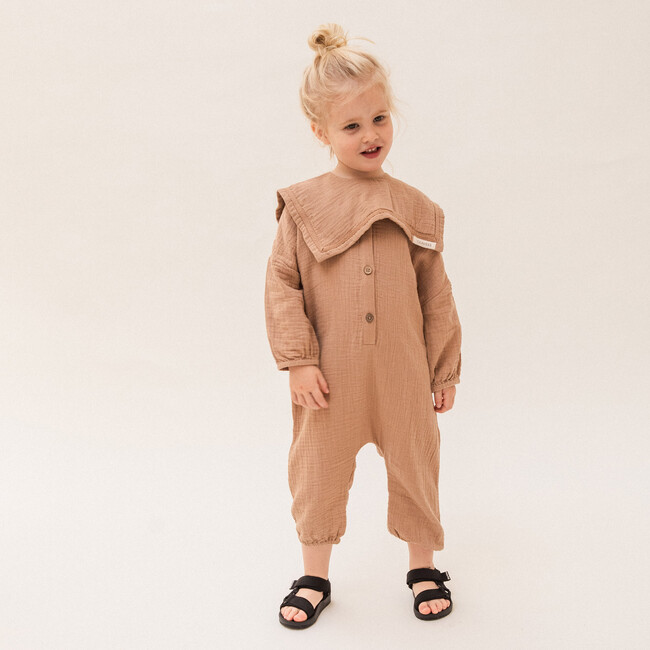 Gauze Full Sleeve Buttoned Jumpsuit And Collar, Fawn - Overalls - 2
