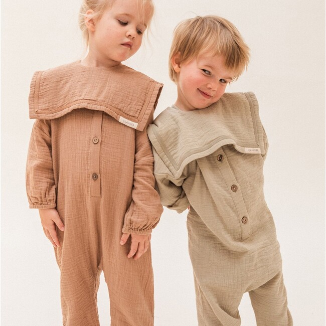 Gauze Full Sleeve Buttoned Jumpsuit And Collar, Fawn - Overalls - 3