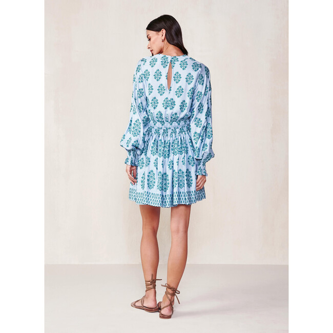 Women's Adele Puffed Sleeve Smocked Wrist Mini Dress, Blue - Dresses - 3