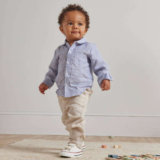 Linen Button Down Shirt & Pant Set, Blue - Mixed Apparel Set - 2