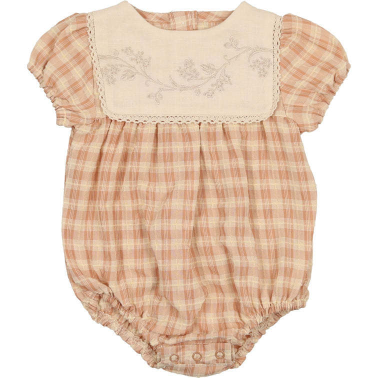 Textured Plaid Romper, Peach - Rompers - 1