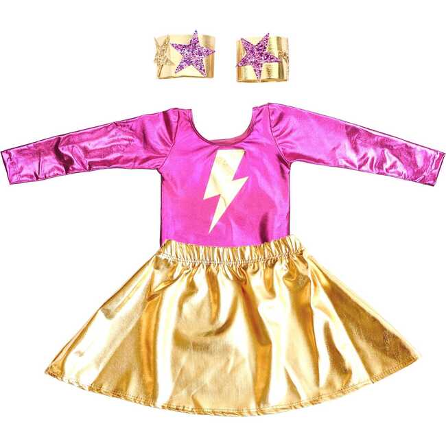 Super Hero Lightning Bolt Costume Set - Pink & Gold Long Sleeve (excludes cape) 