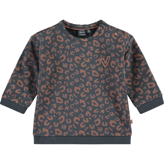 Leopard Print Crew Neck Pullover Sweatshirt, Charcoal