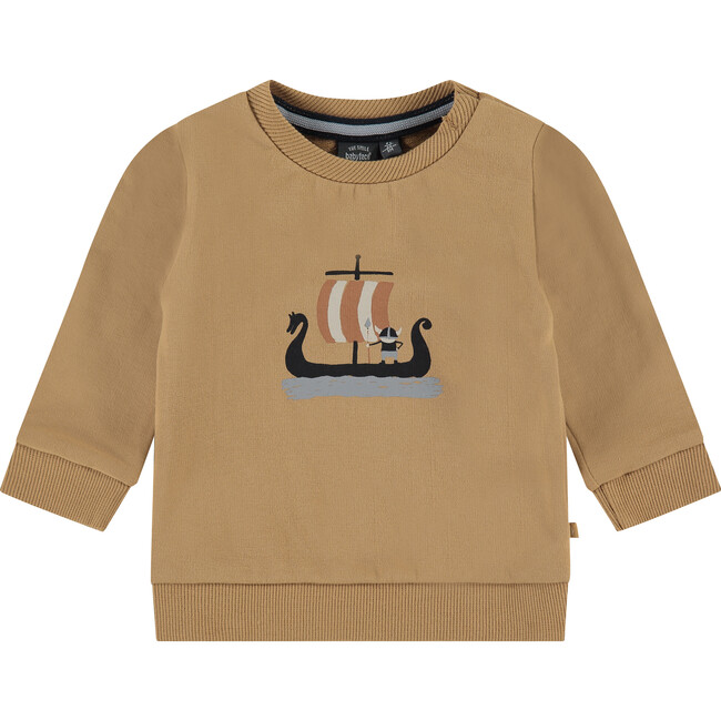Viking Ship Graphic Crew Neck Pullover Sweatshirt, Gold