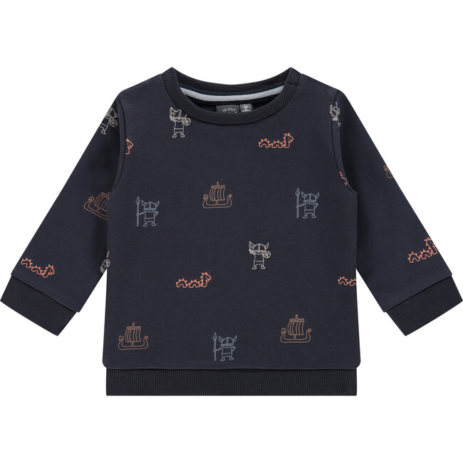 All-Over Viking Ships Graphic Crew Neck Pullover Sweatshirt, Navy