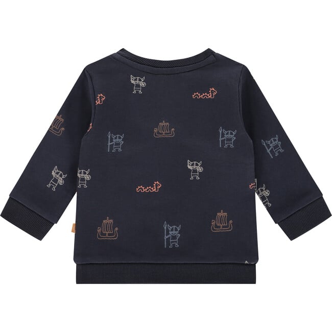 All-Over Viking Ships Graphic Crew Neck Pullover Sweatshirt, Navy - Sweatshirts - 2