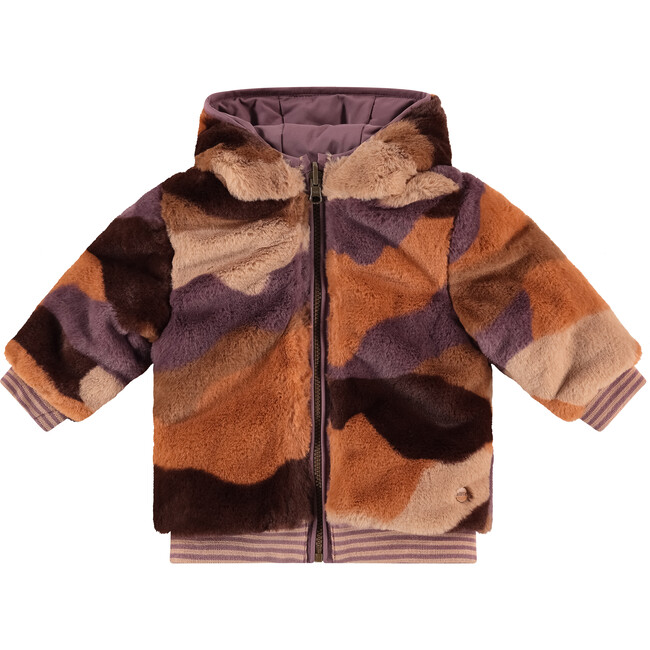 Reversible 2-Pocket Furry Coat, Multicolor And Purple
