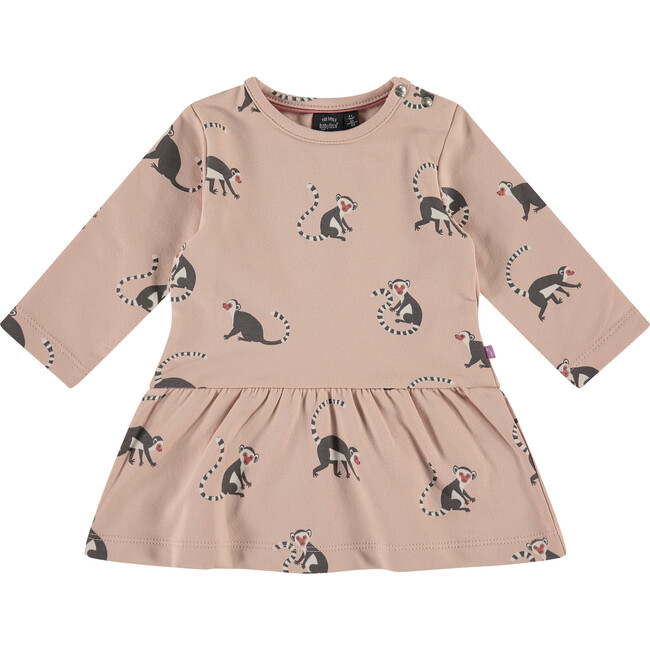 All-Over Lemur Graphic Long Sleeve Drop Peplum Waist Dress, Baby Pink