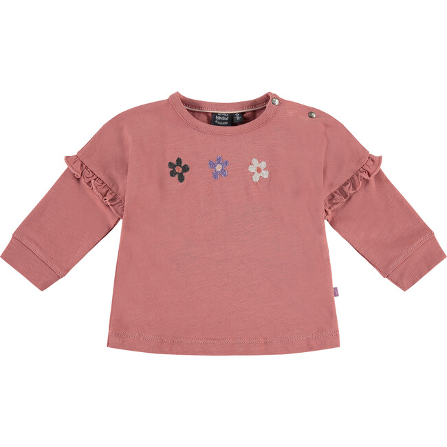 Embroidered Flowers Long Sleeve Ruffle Arm Tee Shirt, Pink And Multicolors