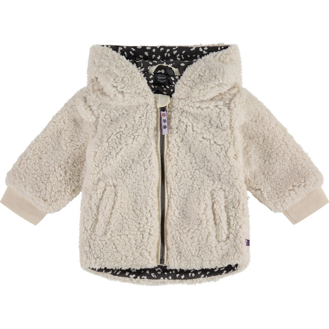 Leopard Print Sherpa Plush Hooded Zip Cardigan, White And Grey