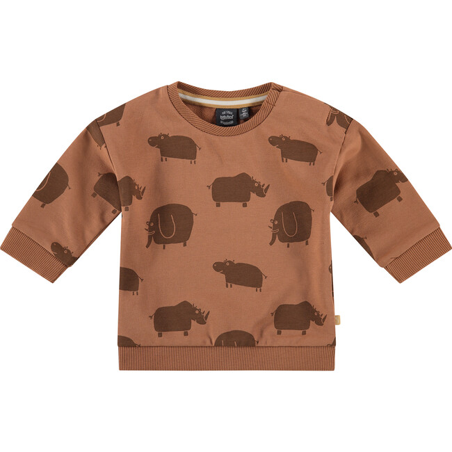 Monochromatic Rhino And Elephant Graphic Crew Neck Sweatshirt, Brown