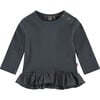 Long Sleeve Ruffled Peplum Tee Shirt, Charcoal - Tees - 1 - thumbnail