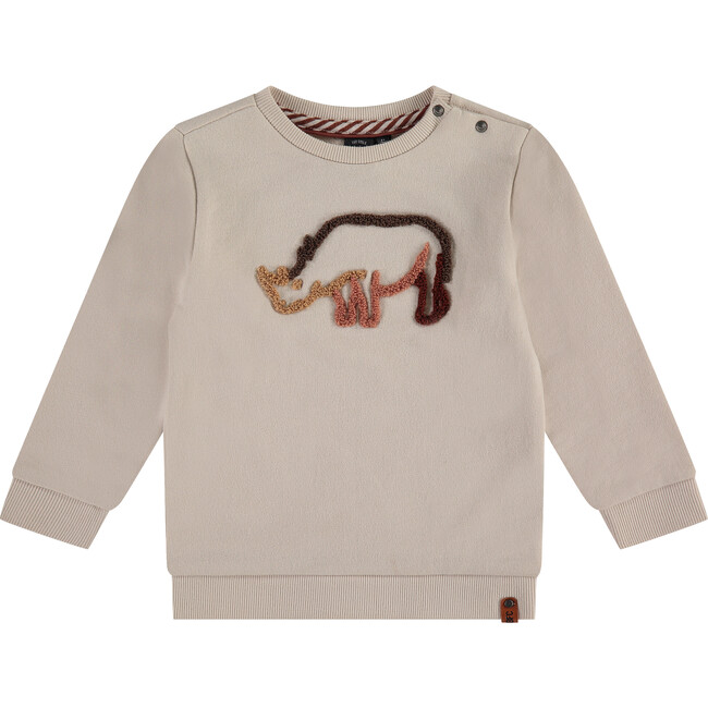 Embroidered Rhinoceros Crew Neck Pullover Sweatshirt, White