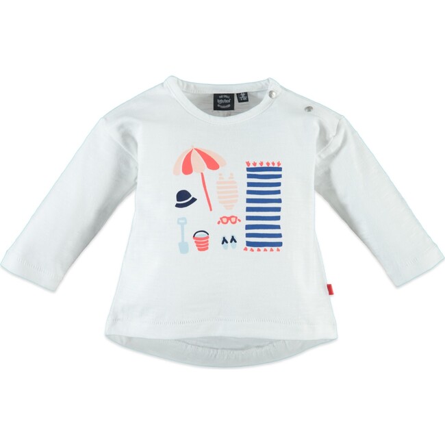 At the Beach Print Long Sleeve Tee Shirt, White And Multicolors