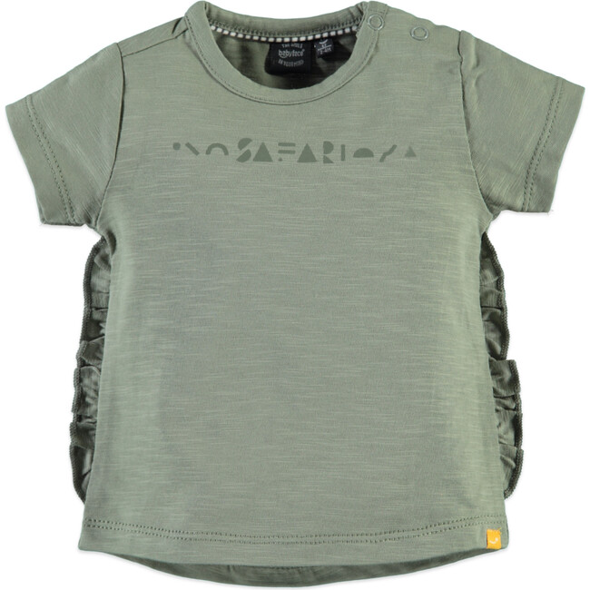 Print Short Sleeve Ruffle Tee Shirt, Army Green - Tees - 1