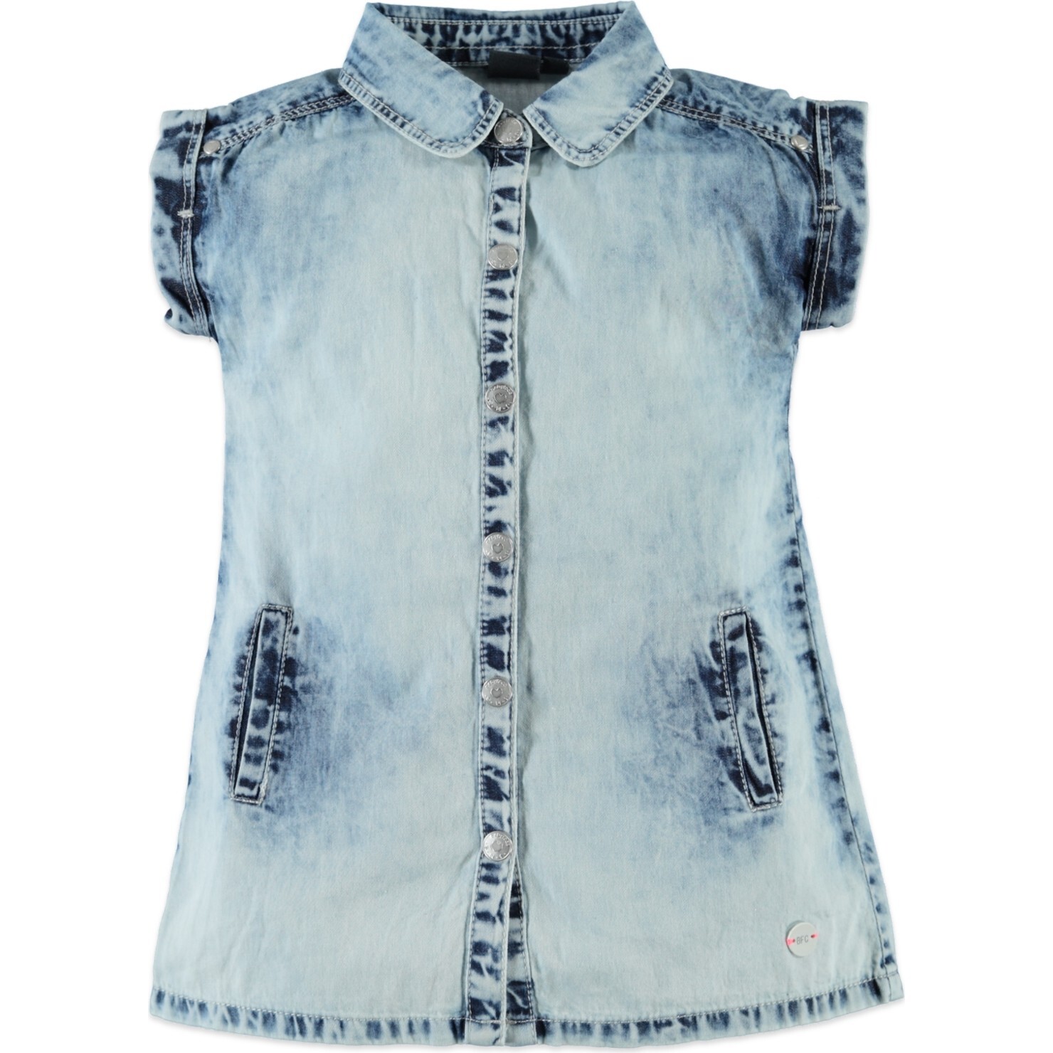 2-Front Pocket Denim Collared Dress, Bleached Blue - Dresses - 1