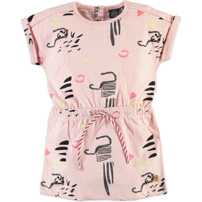 All-Over Abstract Print Short Sleeve Cinched Waist Dress, Baby Pink - Dresses - 1