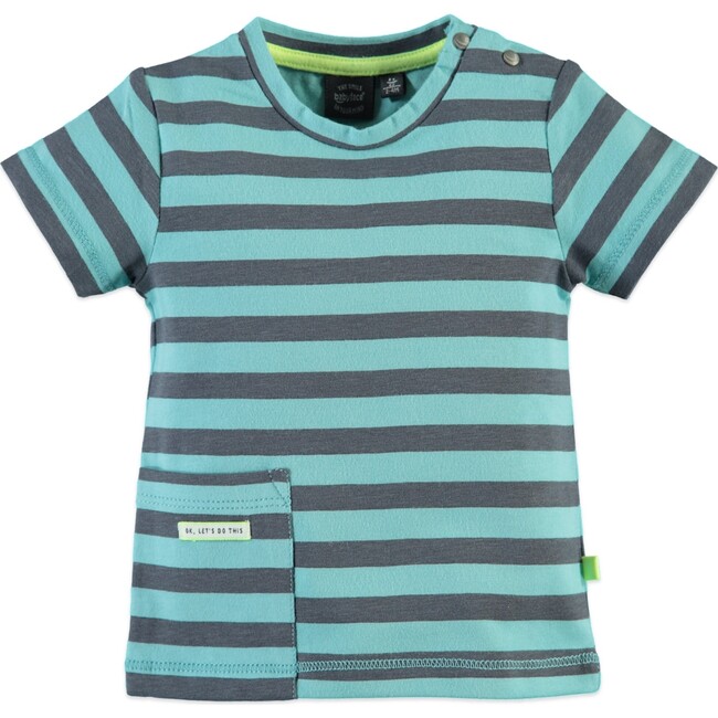 Striped Short Sleeve Front Pocket Tee Shirt, Aqua And Grey