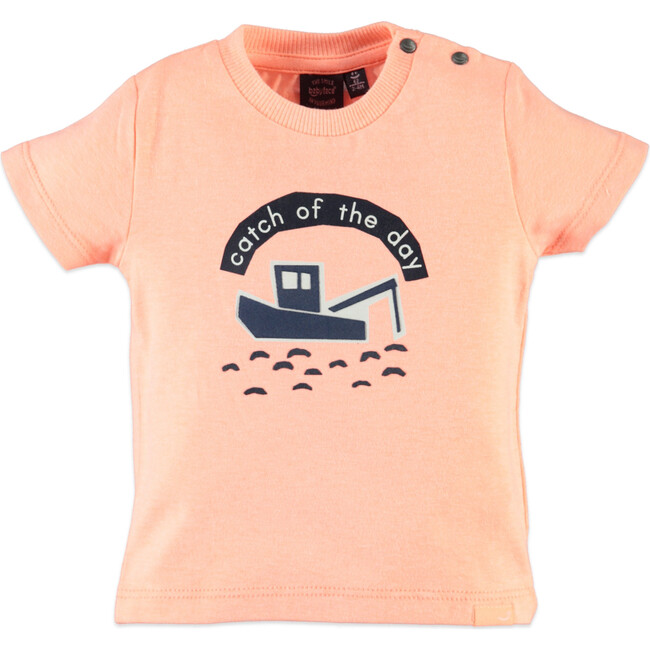 Boat Print Short Sleeve Tee Shirt, Fluorescent Orange