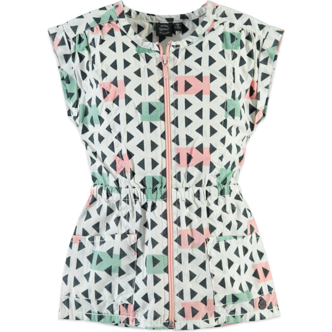 Abstract Triangular Print Short Sleeve Dress, Cream And Multicolors