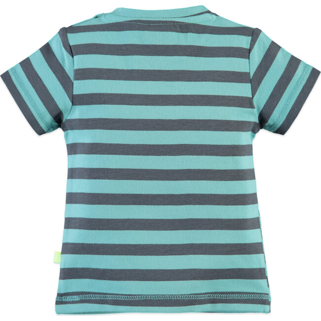 Striped Short Sleeve Front Pocket Tee Shirt, Aqua And Grey - Tees - 2