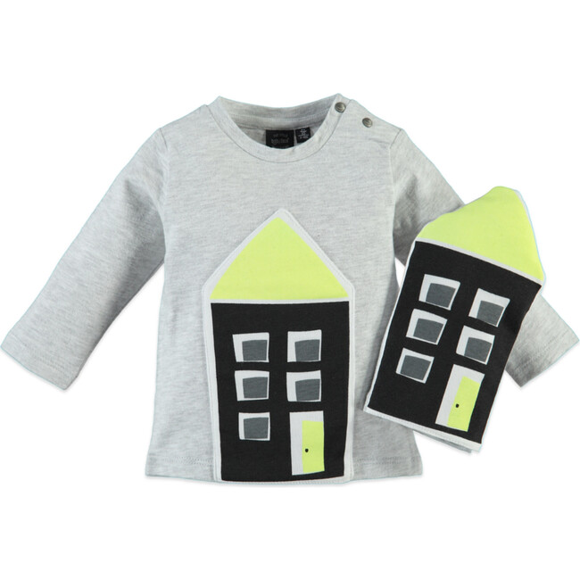 House Print Long Sleeve Tee Shirt, Light Grey - Tees - 3