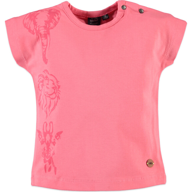 Monochromatic Elephant Lion Giraffe Print Tee Shirt, Coral Pink - Tees - 1