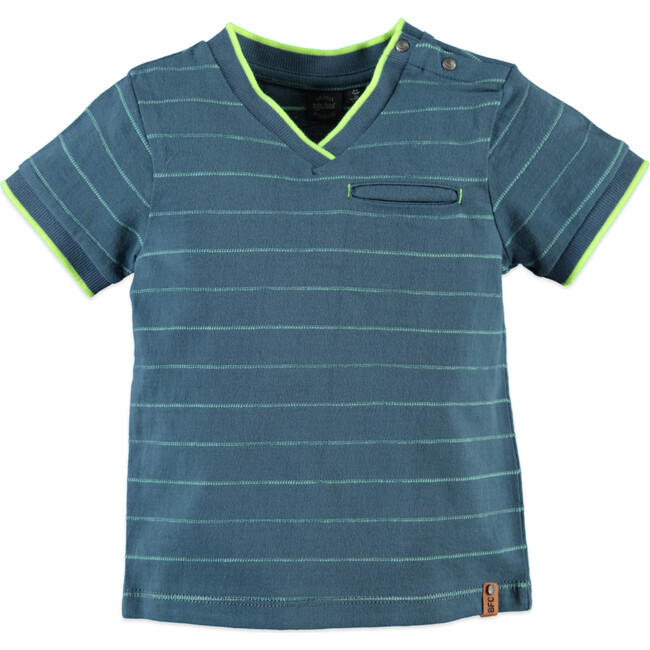 Striped V-Neck Short Sleeve Tee Shirt, Lake Teal - Tees - 1