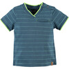 Striped V-Neck Short Sleeve Tee Shirt, Lake Teal - Tees - 1 - thumbnail