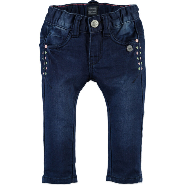 Front Pocket Elastic Waistband Denim Pants, Dark Blue