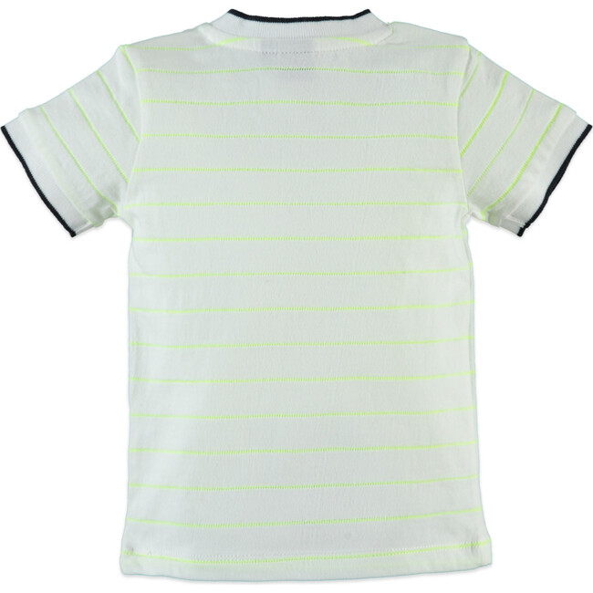 Striped V-Neck Front Pocket Tee Shirt, Fluorescent Yellow - Tees - 2