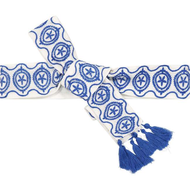 Women's Embroidered Woven Belt, Aegean Blue
