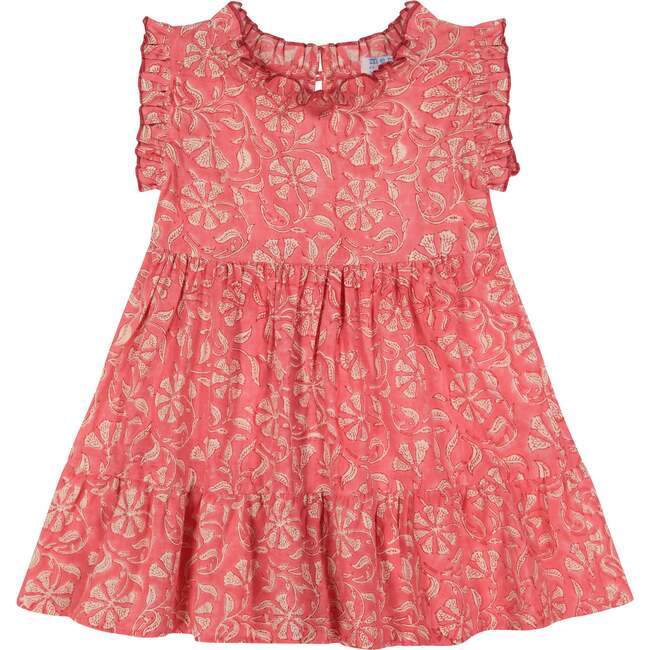 Ondine Ruffle Neck Flower Block Print Dress, Coral - Dresses - 1