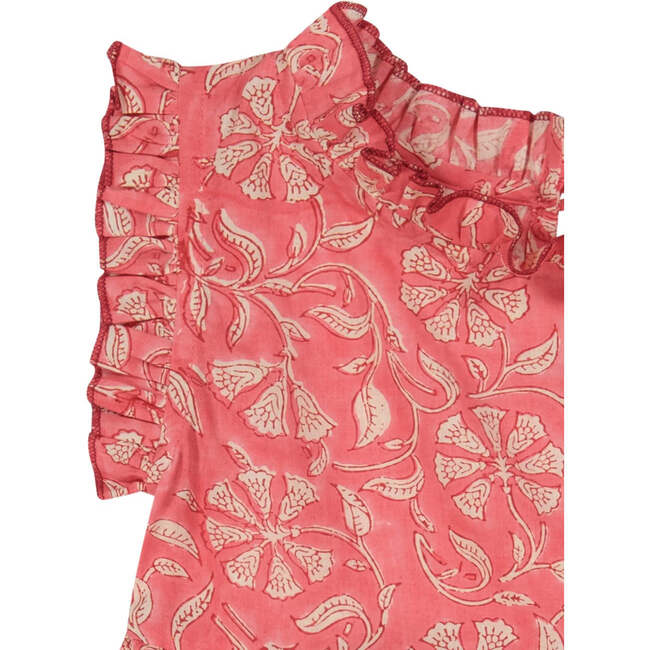Ondine Ruffle Neck Flower Block Print Dress, Coral - Dresses - 3