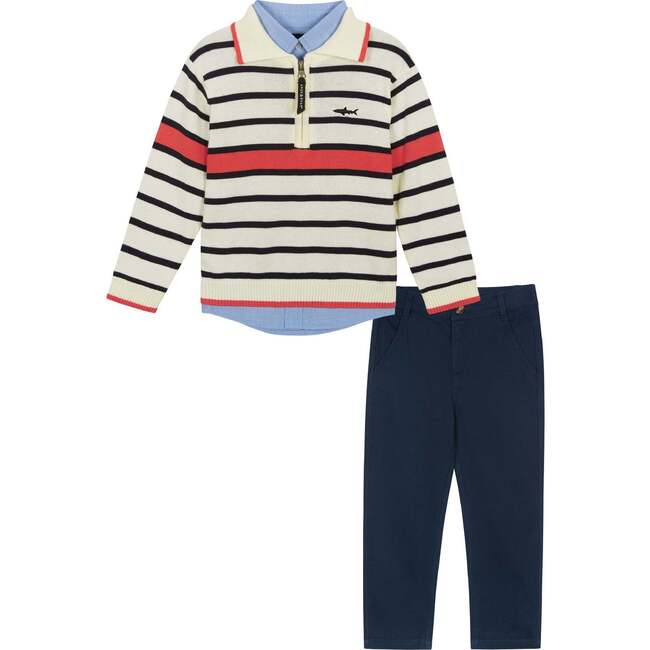 3-Piece Striped Sweater & Pant Set, White