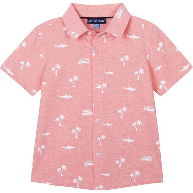 Fun Print Knit Button-Up, Red