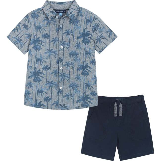 Fun Palm Tree Print Knit Button-down Set, Blue