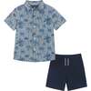 Fun Palm Tree Print Knit Button-down Set, Blue - Shirts - 1 - thumbnail