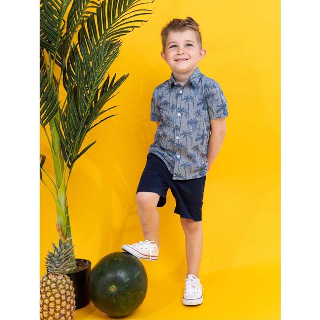 Fun Palm Tree Print Knit Button-down Set, Blue - Shirts - 2
